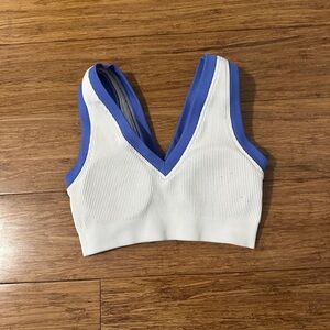 Blue and White V-Neck Ribbed Crop Top